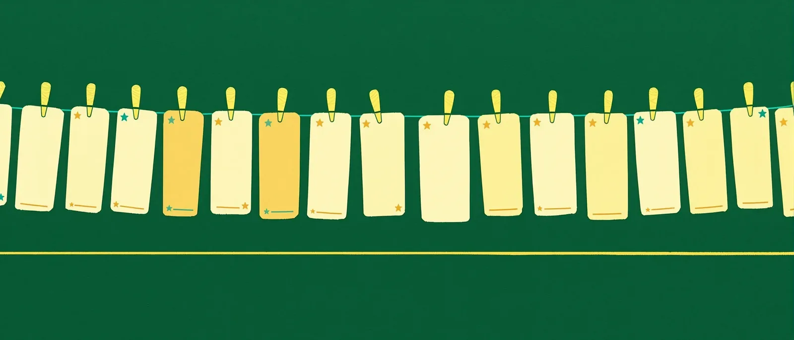 Wide cordel woodcut of twenty-two carved chapbook broadsides pinned on a string with gold woodcut stars and three sky-blue key-study markers, on deep jade green