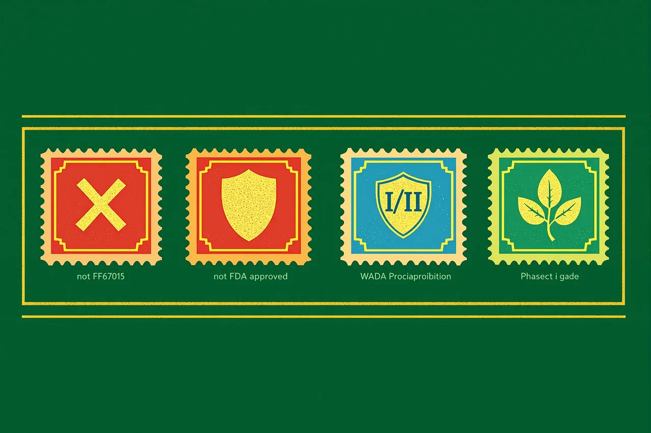 Cordel woodcut of four carved regulatory stamp panels on deep jade green — a coral X for not-FDA-approved, a gold shield for WADA-prohibited, a sky-blue Phase I/II glyph, and a green research-grade leaf