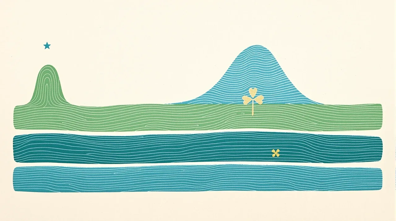 Cordel woodcut of four stacked baselines showing a single sky-blue GH peak on top and three flat lines for the unaffected ACTH, prolactin, and gonadotropin axes, illustrating ipamorelin selectivity on a cream broadside