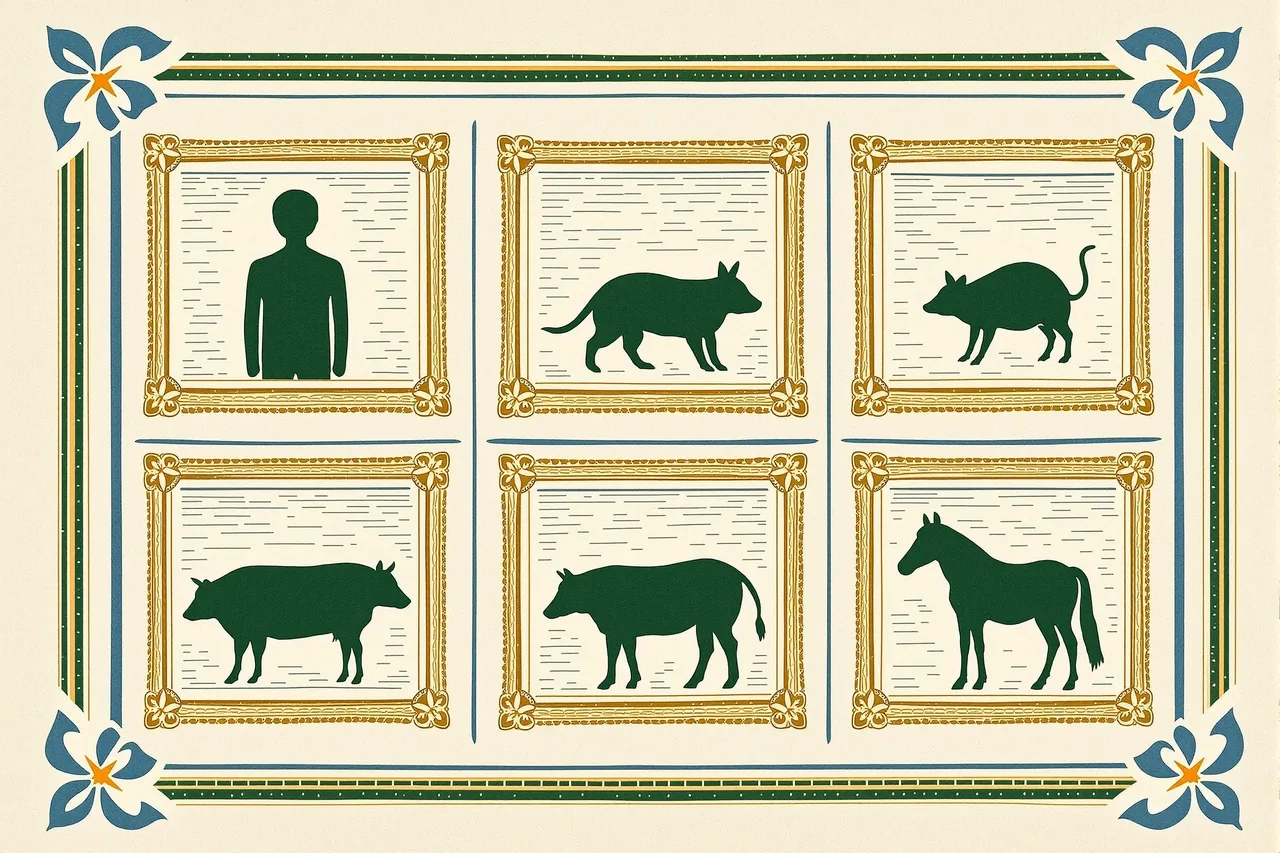 Cordel woodcut almanac grid of six carved folk-art species silhouettes — human, rat, mouse, pig, cow, horse — each in a gold-framed azulejo panel on a cream broadside