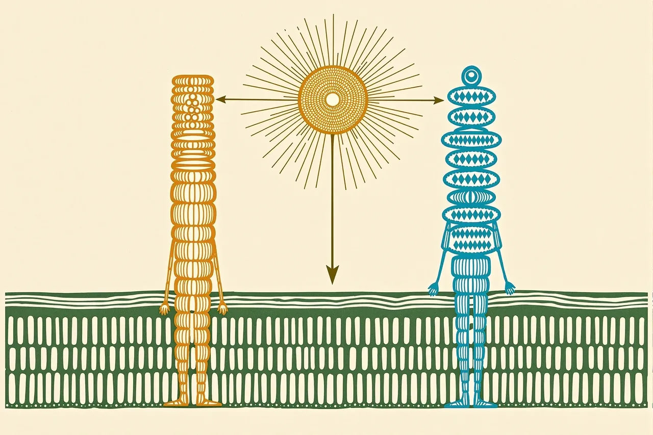 Cordel woodcut of two carved receptor figures — gold GHRH receptor with a peptide bead and sky-blue seven-segment GHS-R1a receptor with a five-bead chain — both feeding a coral GH-release sunburst on a cream broadside