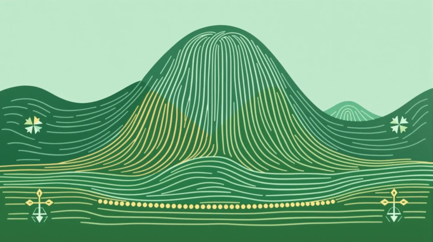 Cordel woodcut of two carved wave-strokes — gold for the CJC-1295 arm and sky-blue for the ipamorelin arm — rising to a shared peak above a carved peptide-bead chain on deep jade green